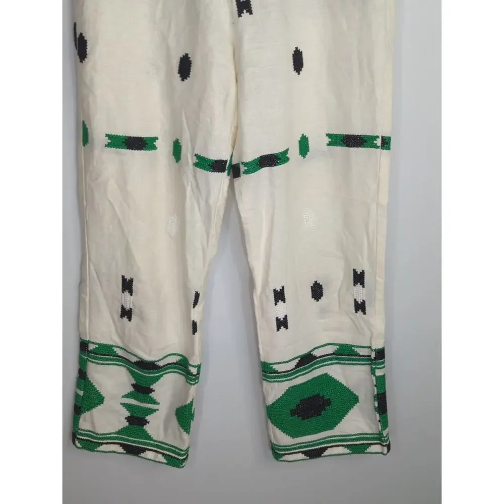 Zara‎ White & Green Geometric Embroidered Linen Pants Small Coastal Bohemian